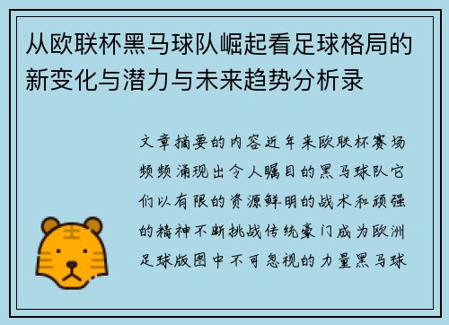 从欧联杯黑马球队崛起看足球格局的新变化与潜力与未来趋势分析录
